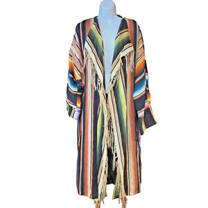 Vintage 1960s Mexican Serape Long Jacket w/fringe Handwoven Saltillo Poncho Mint